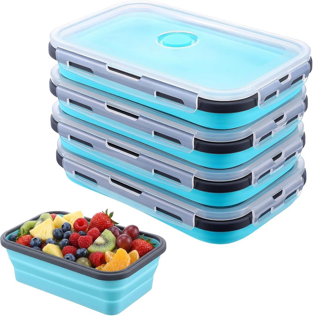 4 Pack 40oz Collapsible Food Storage Containers Marinating Container with Lid Foldable Silicone Kitchen Bowls Microwave Freezer Dishwasher Safe, Blue
