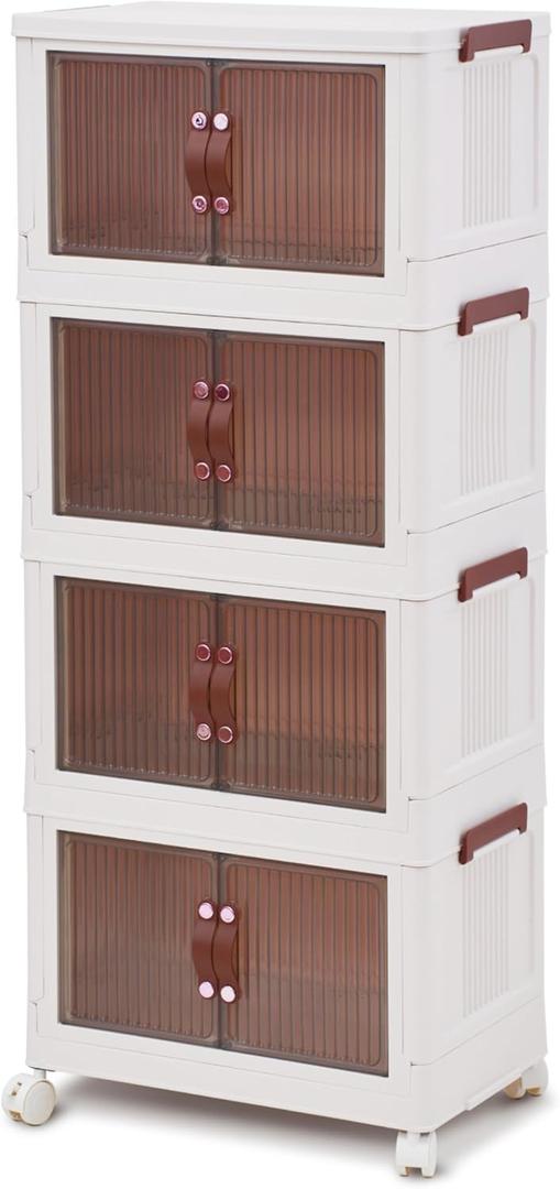 G-Rack Stackable Storage Organiser - Space-Efficient Plastic Storage Bin with Doors - Practical, Removable, Foldable Cabinet - Movable, Stackable Storage Bins - Transparent/White - Set of 4