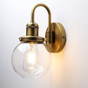 Industrial Vintage Gooseneck Wall Sconce 1-Light with 5.9 Round Clear Glass Globe Shade Indoor Wall Mounted Lamp Fixture (Brass)