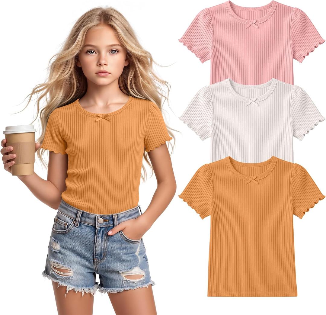 3 Pack Girl's Short Sleeve T-Shirts Cotton Ribbed Back to School Tops Crewneck Kids Puff Lettuce Trim Bow Tees