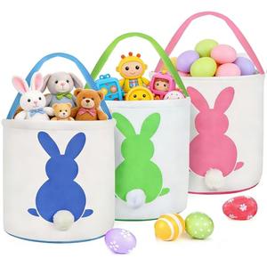 3 PCS Easter Eggs Hunt Basket for Kids Canvas Bunny Basket Egg Bags Rabbit Fluffy Tails Party Celebrate Decoration Gift Toys Carry Bucket Tote