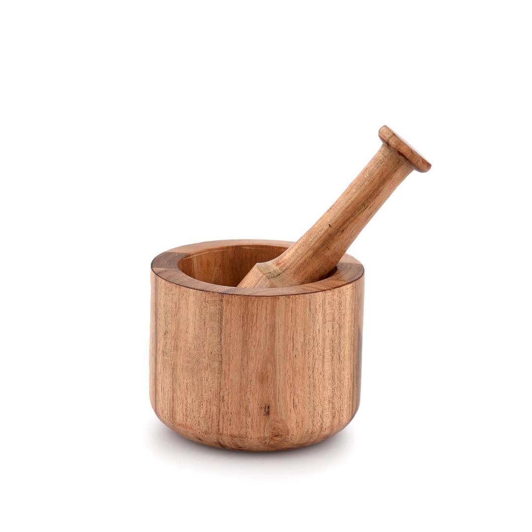 Samhita Acacia Wood Mortar and Pestle for Garlic Pepper Herb Crusher Kitchen Utensils Birthday Housewarming Gift, Mortar- 4" x 3" Pestle- 5.5"