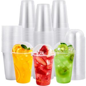 Clear Plastic Cups with Lids, Disposable Cold Drinking Cups, 16 Ounce Large Clear Cup with Dome Lids with Holes for Smoothie, Milkshake, Bubble Tea, Parfait