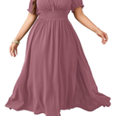 Women's Plus Size Maxi Dress Short Sleeve Smocked Square Neck Tie Front Split A-Line Flowy Long Dresses 2 XL