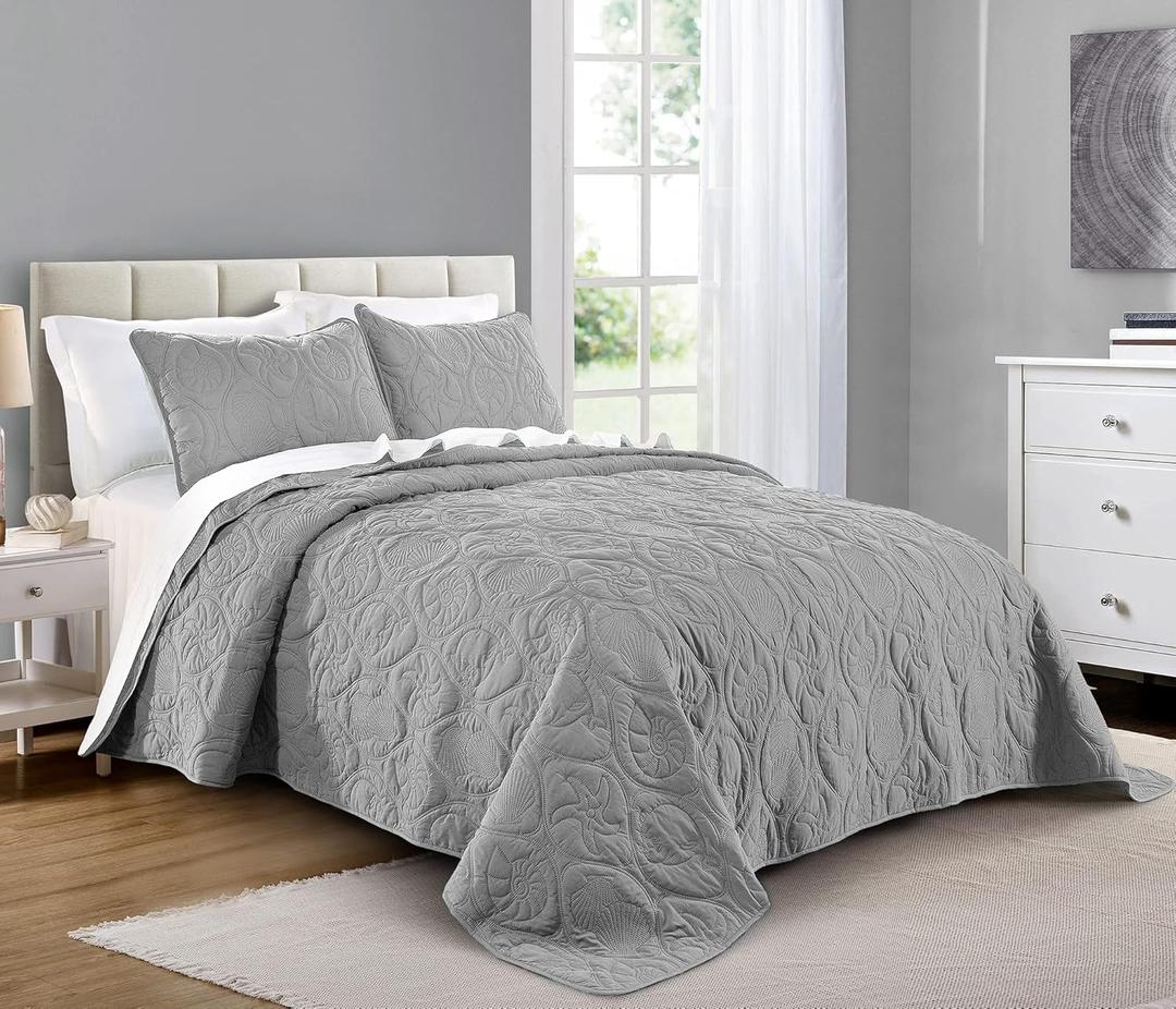 Pure Bedding Quilt Set Full/Queen Size Light Grey - Oversized Bedspread, Soft Microfiber Coverlet for All Season - Includes 1 Quilt and 2 Shams, Ocean Star Pattern,(Ocean Star-light Grey)