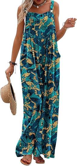 YESNO Women's Summer Casual Overalls Loose Wide Leg Jumpsuits Boho Floral Printed Baggy Rompers with Pockets PZH, 3XL
