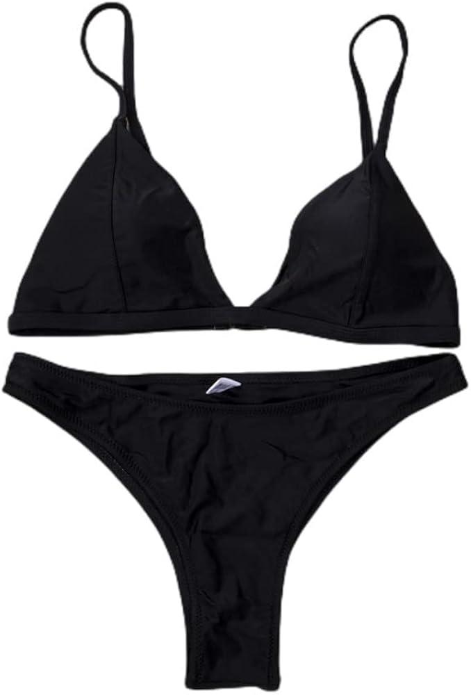 ZAFUL Womens Bikini Sets Two Piece Back Tie String Sexy V Neck Triangle Thong Cheeky Bathing Suit Swimsuit Swimwear L Black