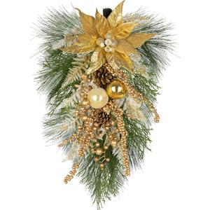 Hollyone Poinsettia Wreath Gold Christmas Swag Christmas Swags for Decorating Outdoor Teardrop Swag Poinsettias for Front Door Window Stair Winter Wreath with Berry Magnolia Leaves Xmas Home Decor