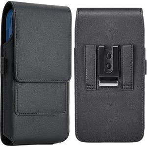 Mopaclle Large Cell Phone Holster with Belt Clip and Loop, Rugged Phone Belt Holder Compatible with iPhone 16, 15, 14 Pro Max, 13 Plus, Galaxy S25 Plus, S24 Plus, S23 Plus  Fits with Case On, for Men (01 Leather- Black)