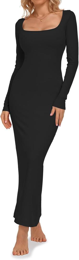 Relety Women's Bodycon Maxi Dresses Ribbed Long Sleeve Lounge Long Dress Square Neck Formal Casual Dresses for Women Black XL