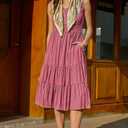 AlvaQ Women Summer Dresses Sleeveless Smocked Midi Dress High Waist Casual Tiered A Line Sundress with Pockets (Pink, M)