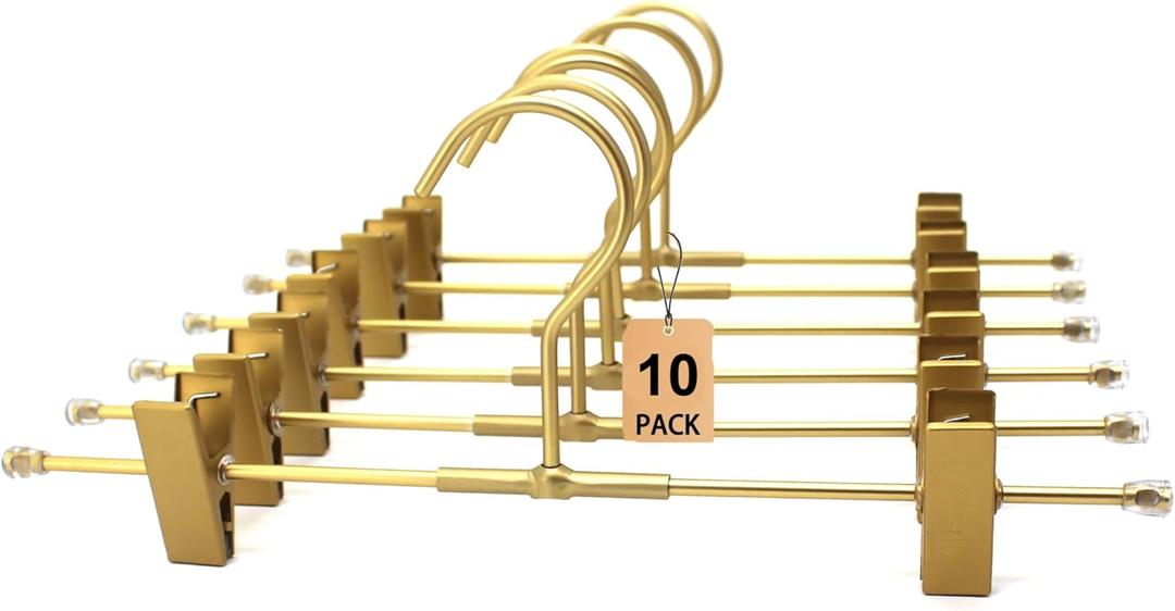 11.8" Gold Matt Aluminium Metal Bottom Clips Pants Trousers Clothes Hangers,10 Pack Heavy Duty Space Saving Durable Adjustable Clips Legging Organizer,Toddler Infant Hangers Shirts Newborn