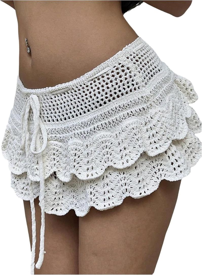 Milumia Women's Drawstring Layered Crochet Mini Skirt Low Waist Scallop Trim Beach Skirts Large