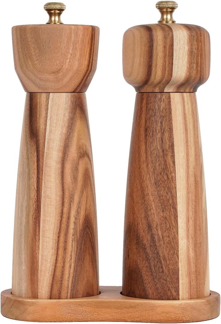 Salt and Pepper Mill Set with Tray, Adjustable Ceramic Grinder Salt Mill, Stainless Steel Grinder Pepper Mill, Acacia Wood, 20.5 cm/ 8 Inch Height, Bottom Dia 6 cm /2.36 inch