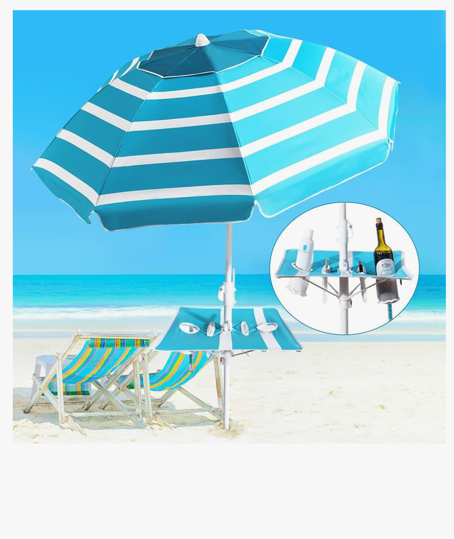 Beach Umbrella - Beach Umbrella for Sand Wind Portable with Tilt Pole, 6.56 FT Arc Length 5.9 FT Diameter, Heavy Duty Wind Resistant Striped Large Umbrellas, UV 50+ Parasol with Anchor Screw Adjustable Height