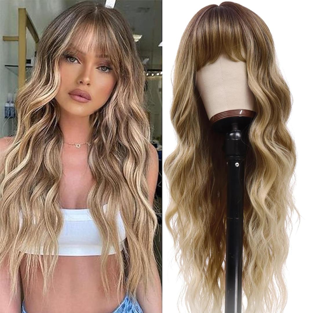 Vomella Dirty Blonde Wig with Bangs 26 Inch Long Curly Wavy Wigs for Women Natural Looking Synthetic Heat Resistant Wig for Daily Party Use