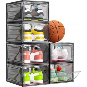 7 Code Thicken & Sturdy Clear Shoe Storage Organizer with Magnetic Door, Stackable Boxes for Closet, Foldable Shoe Rack for Sneaker Boot Container, Plastic Shoe Cabinet Shoe Box 6 Pack, Black