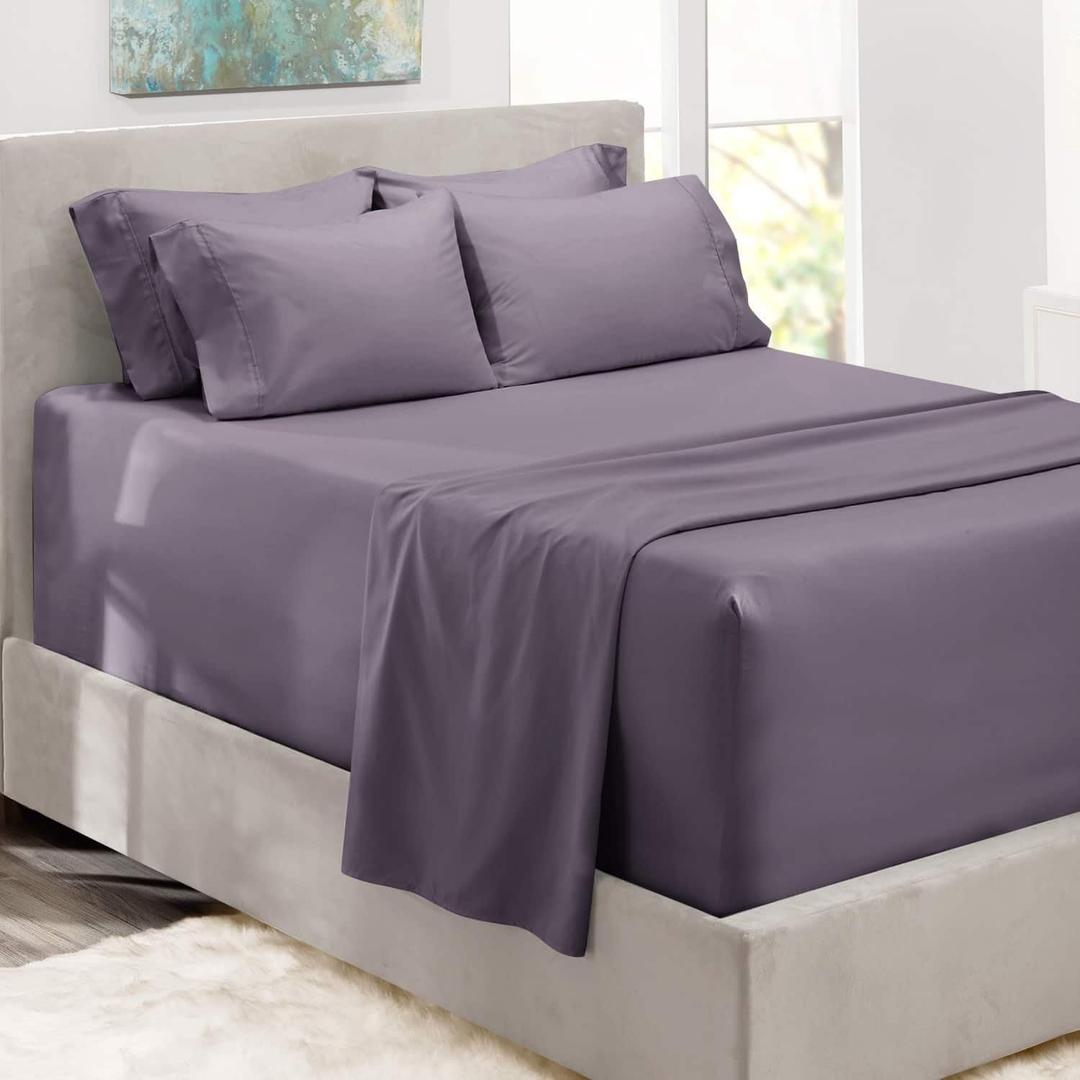 Hearth & Harbor Bed Sheets, Luxury Soft 6 Piece Bed Sheet Set Extra Deep Pocket Fitted Sheets Fits Mattress up to 21", Double Brushed Bedding Sheets & Pillowcases, Queen, Prpulish Gray
