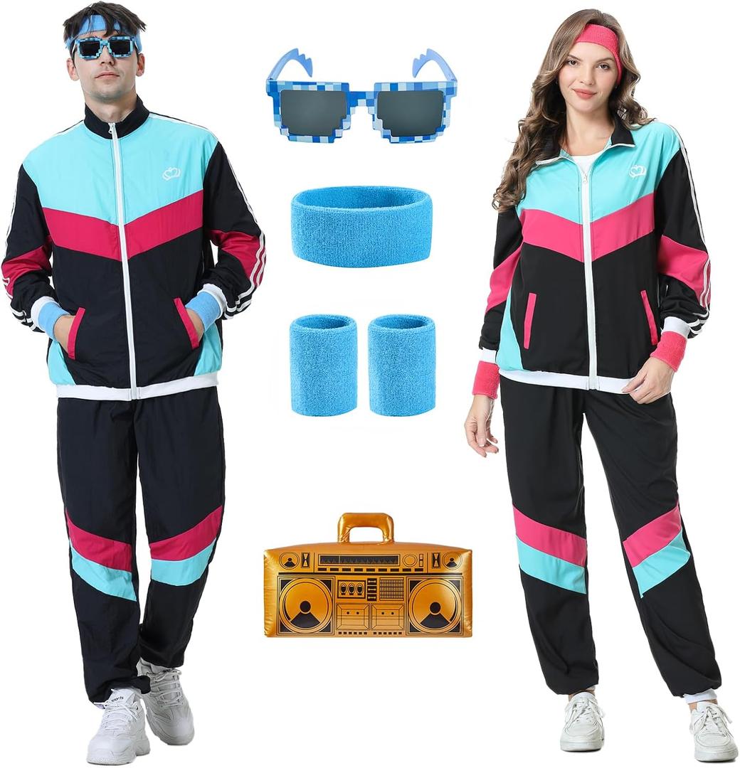 80s Tracksuit for Men Women Retro Windbreaker Set 80s 90s Outfit for Men 80s Track Suit for Couple 90s Shell Suit, L