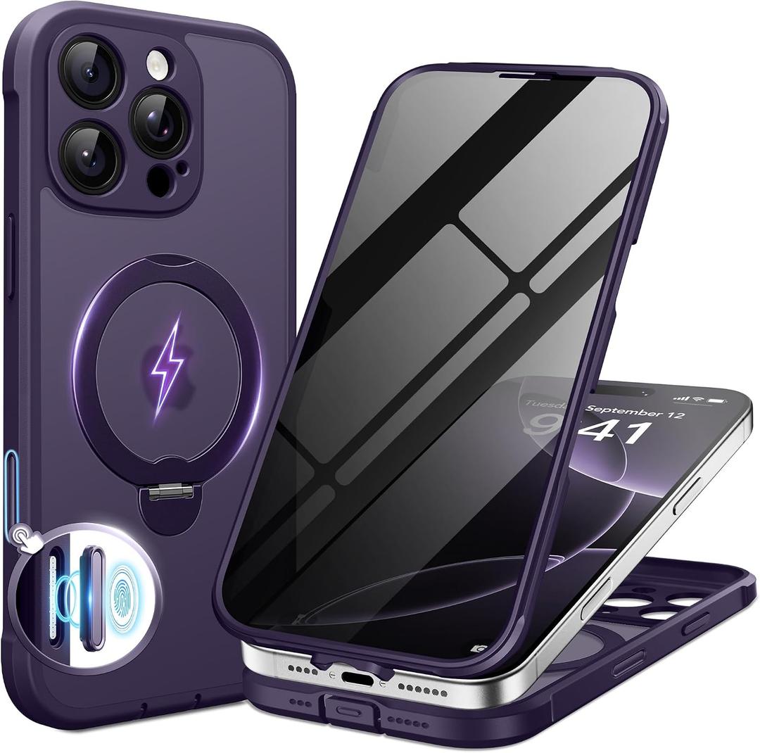 BERFY for iPhone 16 Pro Case, Compatible with MagSafe, Built in Privacy Screen Protector, Shockproof Full Body Phone Case for 16 Pro with Magnetic Stand, Translucent Purple