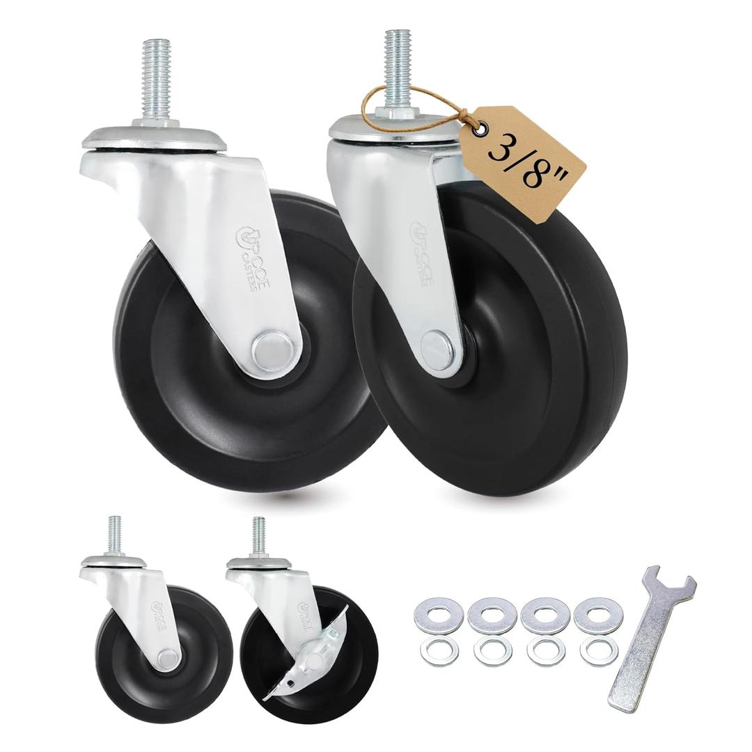 4 Inch Caster Wheels 3/8 Threaded Stem Caster Wheels, Heavy Duty Rubber Industrial Swivel Wheels for Workbenches, Carts, Shelving (4 Pack, 2 with Brake)