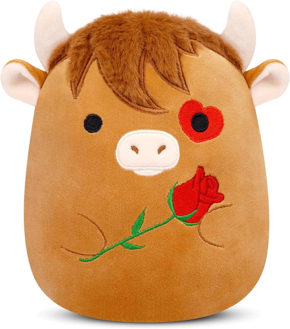 Highland Cow Plush,Valentines Day Heart Stuffed Animals Cow Plush with Embroidered Rose,Valentine Day Party Favors,Valentines Gifts for Him Her Girls Boys (Brown)