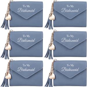 6 Pcs Bridesmaid Proposal Gifts, Shimmering Slim Wallet for Gift Box Fillers, Heart Tassel Card Holder for Wedding Bridal Shower Bachelorette Favors(Blue)