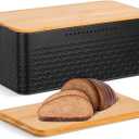 Metal Bread Box with Bamboo Cutting Board Lid, Bread Storage Container for Kitchen Countertop, Modern Bread Bin Holder Breadbox, Kitchen Decor Organizer (Black)