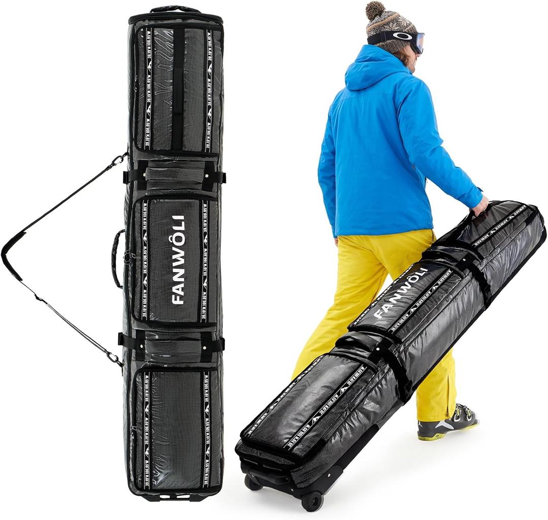 Fanwoli Ski Snowboard Bag with Wheels | Fully Padded Ski Bags for Air Travel | Fits 175-185cm Skis/Snowboard & US 13 Boots | 900D Waterproof TPU & Removable Shoulder Straps | Expandable & Foldable (Black)