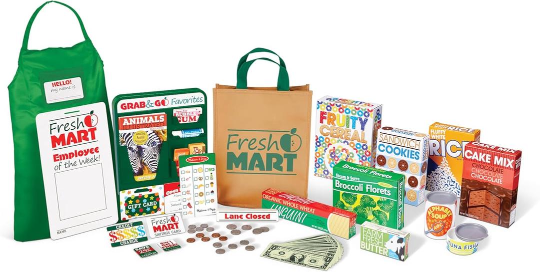 Melissa & Doug Fresh Mart Grocery Store Play Food and Role Play Companion Set