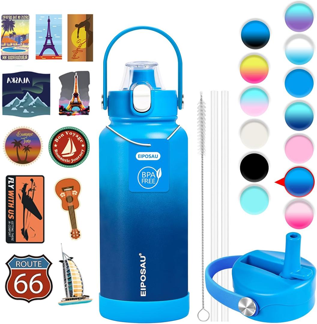 Insulated Water Bottle with Lid & Boot & Stickers, 32 oz Stainless Steel Sweat Free Bottle Keep Cold 24H, BPA-Free Sports Wide Mouth Water Bottle, Blue Gradient