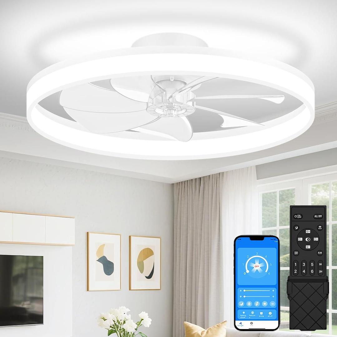 VOLISUN Low Profile Ceiling Fans with Lights and Remote, 27.6in Fandelier Ceiling Fan Flush Mount, 3000K-6500K Smart Bladeless LED Fan Light, White Modern Ceiling Fans with Lights for Bedroom