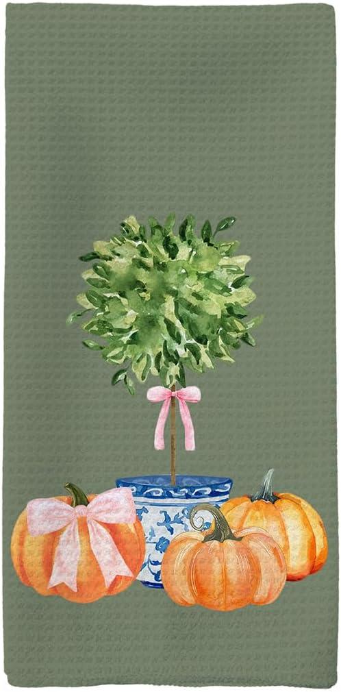 Fall Kitchen Towels, Pumpkin Decorative Fall Hand Towels, Pink Bowknot Coquette Dish Towel Dishcloths Tea Towel for Kitchen, Blue and White Porcelain Tree Chinoiserie Decor, Green 16x24in