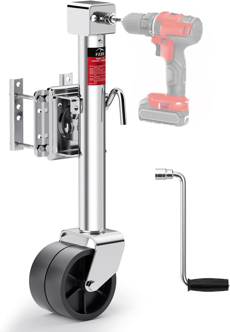 FZZD 2000lbs Trailer Jack with Dual Wheel, 20-24V Cordless Drill Compatible, 12" Lift, for RV Boat