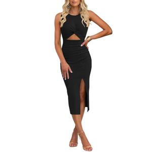 oten Women's Casual Sleeveless Cutout Twist Front Side Slit Ribbed Knit Party Bodycon Midi Dresses, Black, Size S