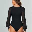 Avidlove Women Puff Long Sleeve Bodysuit Mesh Square Neck Thong Sexy Body Suits Double Lined Leotards (Black, XS)