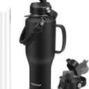 Water Bottle 40oz, Insulated Water Bottle with Handle & Straw Lids, Stainless Steel Water Bottles Fits in Any Car Cup Holder, Travel Cup Double Wall BPA-Free Leak-proof to Keep Cold &Hot (Black)