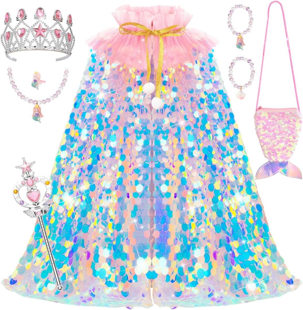 Meland Princess Dress Up for Girls 3-8, 11Pcs Mermaid Cape with Crown, Dress Up Clothes Birthday Gift Toys for Girls Toddlers (Pink) Meland Princess Dress Up for Girls 3-8, 11Pcs Mermaid Cape with Crown, Dress Up Clothes Birthday Gift Toys for Girls Toddlers (Pink)