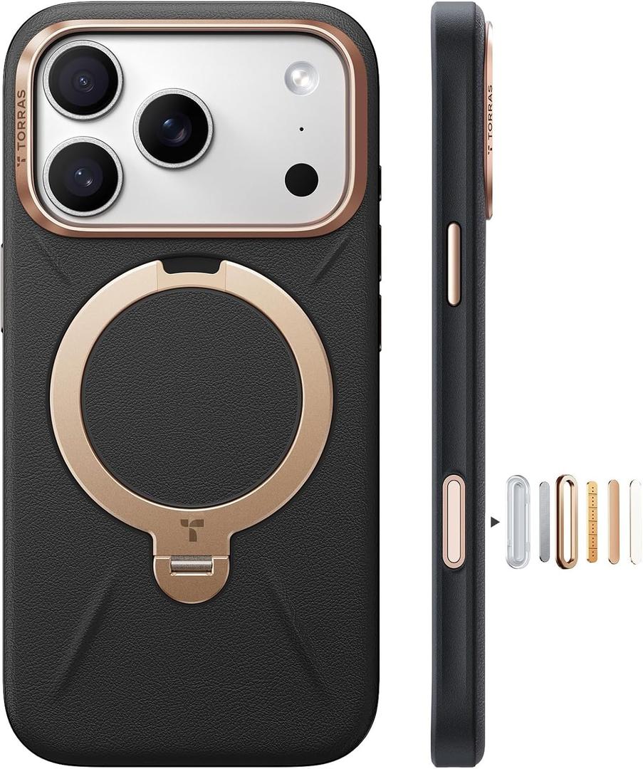 TORRAS Organic Leather for iPhone 17 Pro Case with Stand, Fit for Magsafe, 360 Spin Stand with Camera Control, Premium Leather Durable Stylish Q3 VegSkin for iPhone 17 Pro Phone Case, Midnight Black