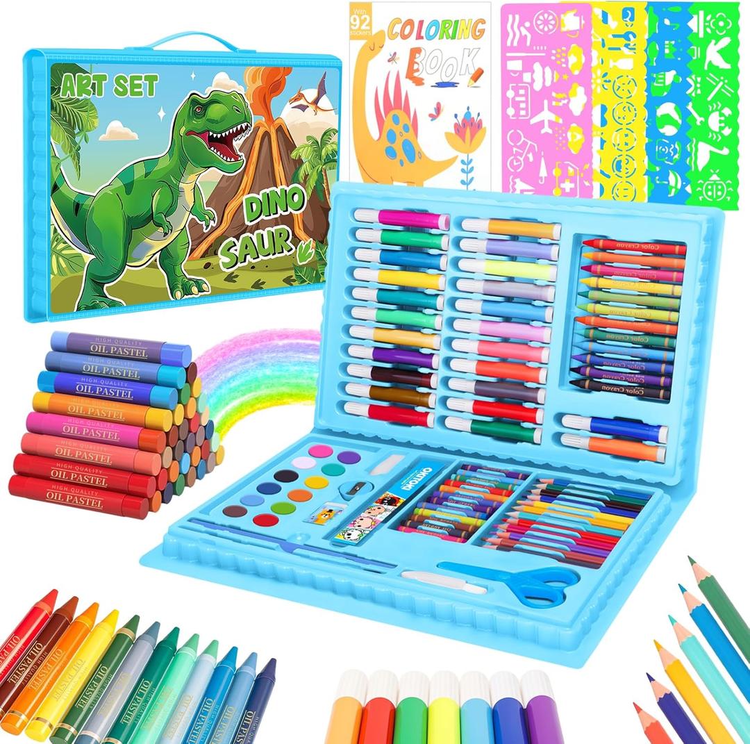 homicozy Art Supplies, Dinosaur Drawing & Coloring Set with Crayons, Colored Pencils, Markers, Sketchbook, Watercolor Cakes, Stencils, Arts and Crafts Painting Kit for Kids Ages 4-10, Girls Boys Gift