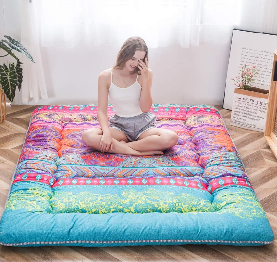 MAXYOYO Bohemian Retro Mattress Boho Floral Japanese Futon Mattress Tatami Floor Mat Foldable Portable Camping, Sleeping Pad, Lounger Couch Bed Full Size