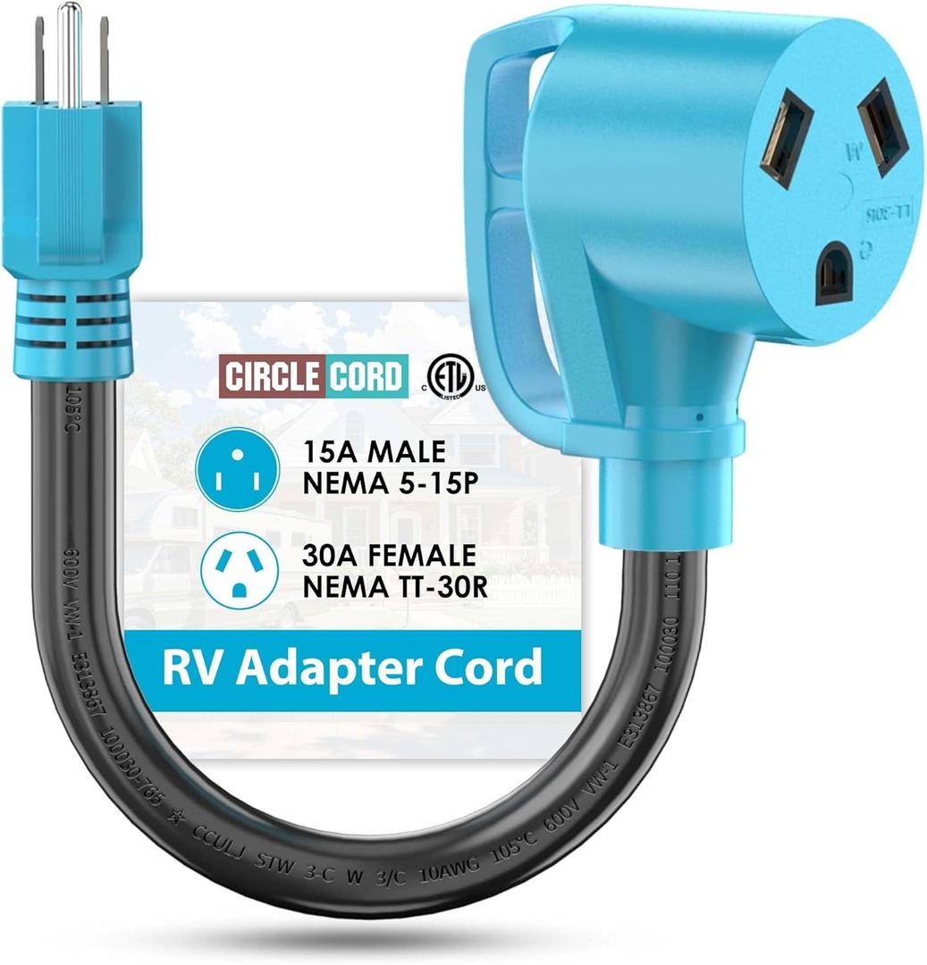 CircleCord 30 Amp to 110 Volt RV Adapter Cord, 30A to 15A NEMA 5-15P Male to TT-30R Female Electrical Power Dogbone with Grip Handle, Heavy Duty STW 10 Gauge for RV Trailer Camper, ETL Listed (12 Inch)