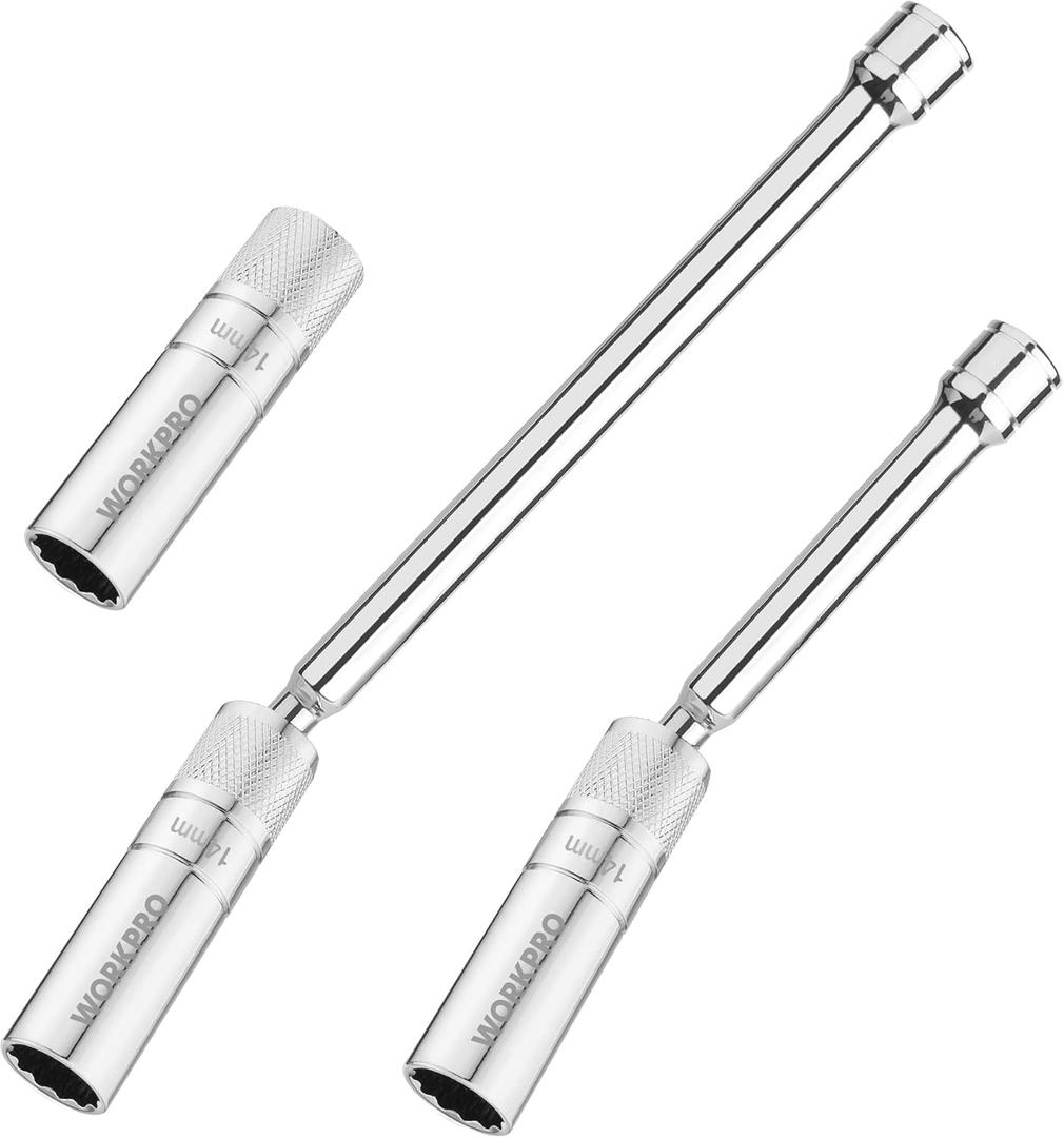 WORKPRO 3PC 14mm Spark Plug Socket, Magnetic Swivel Thin Wall Socket with 6- and 10-inch Extensions, 3/8-inch Drive with 12-Point, Magnetic Core 