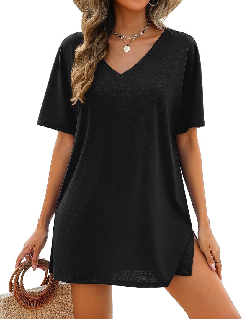 AI'MAGE Women's Swimsuit Coverup Short Sleeve Bathing Suit Cover Up Casual T-Shirt Dress Loose Beachwear Coverups (Black, M)
