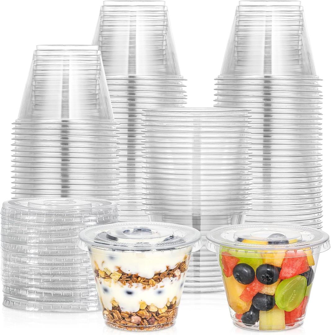 AOZITA 100 Sets, 9 oz Clear Plastic Cups With Flat Lids No Hole, Disposable Cups With Lids for Ice Cream, Pudding, Cake, Snacks Smoothie, Milkshake, Cold Drinks