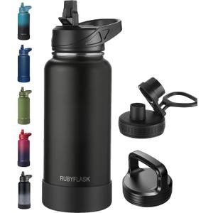 32oz Insulated Water Bottle with Straw, Stainless Steel Metal Vacuum Water Flask, Large Thermal Water bottle with Leakproof 3 Lids for Travel, Camping, Gym Sports Black