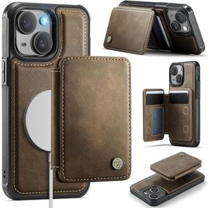 Compatible with Magsafe for iPhone 15 Plus Wallet Case Magnetic Card Holder, RFID Blocking 2 in 1 Detachable Kickstand Shockproof Case for Women Men, Brown
