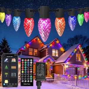 Smart C9 Christmas Lights Outdoor, 100 LEDs 82FT Color Changing String Lights with APP Remote Control, Music Sync, Connectable RGB C9 Roofline Lights for Xmas Tree, Eaves, Patio, Yard Holiday Decor