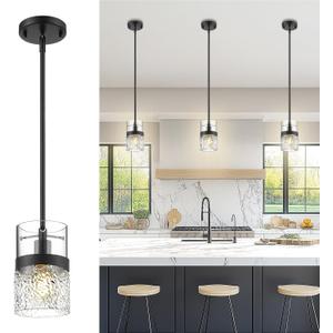 LMS 5 Inch Dia Black Pendant Light, Modern Hanging Lamp for Kitchen Island with Adjustable Rod, Medium Linear Light Fixtures with Hammered Glass, LMS-171PL-BKM