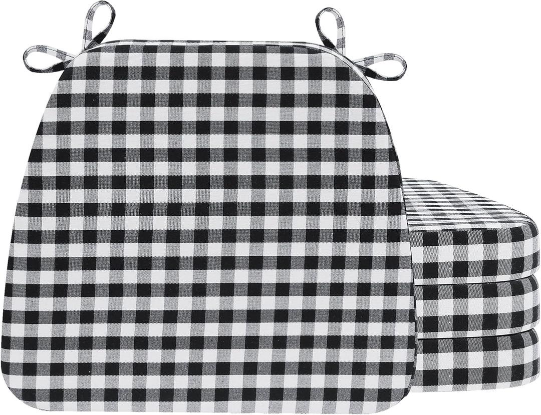 AAAAAcessories D-Shaped Chair Cushions, 2" Thick Dining Chair Pads with Ties and Removable, Machine-Washable Cover, 17" x 16", Set of 4, Checkered Black/White